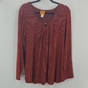 Ruby Rd Burnt Orange And Black V-Neck Blouse with Ring Detail